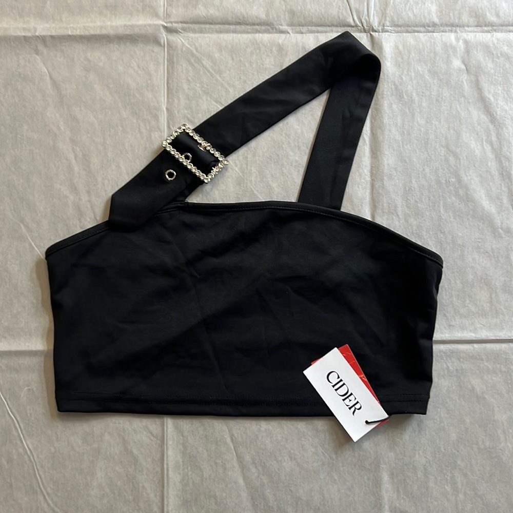 Cider Solid One Shoulder Belted Crop Top